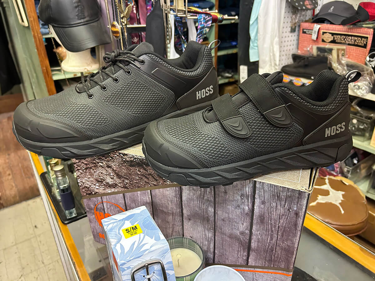 Black HOSS athletic work shoes on display at Kornfeld's.