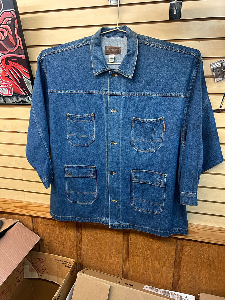 Durable Greystone denim work shirt on display at Kornfeld's.